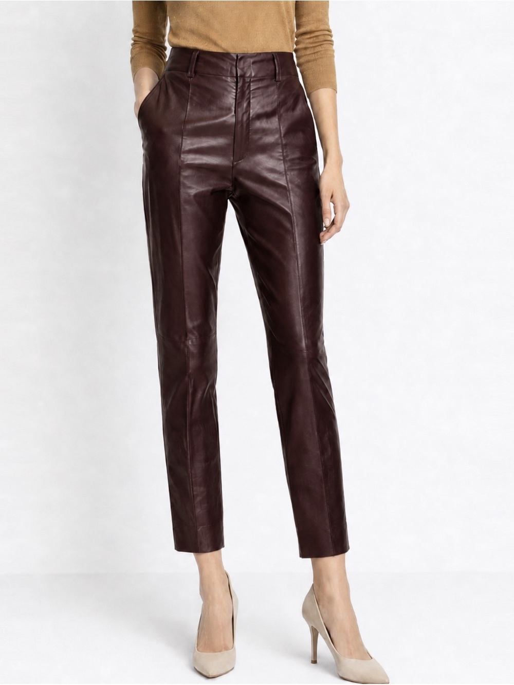 Vince Leather Carrot Straight Leg Brown Cropped Pants S (4)